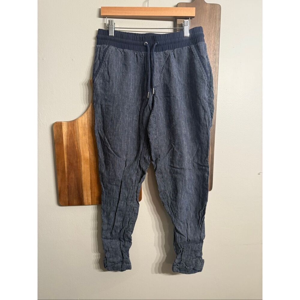 Athleta Navy White Striped‎ Drawstring Bali Linen Tapered Leg Ankle Pants Size 4
